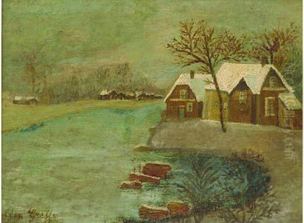 Maisons Enneigees Pres Du Lac Oil Painting by Leon Greffe