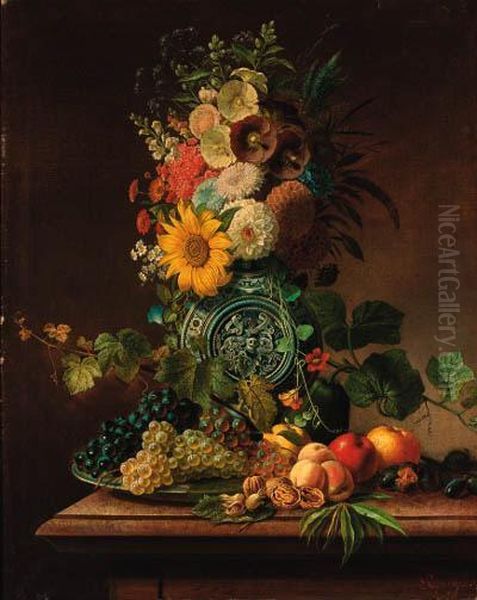 Summer Flowers In An Elaborate Vase With Peaches, Apples, Pears Andwalnuts On A Table Alongside Oil Painting by Gregor Greger