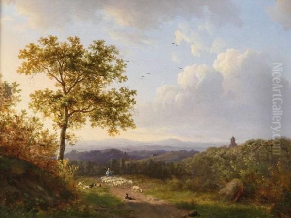 Landscape Withmeadows And A Lane With A Shepherd And His Sheep Oil Painting by Gillis Smak Gregoor