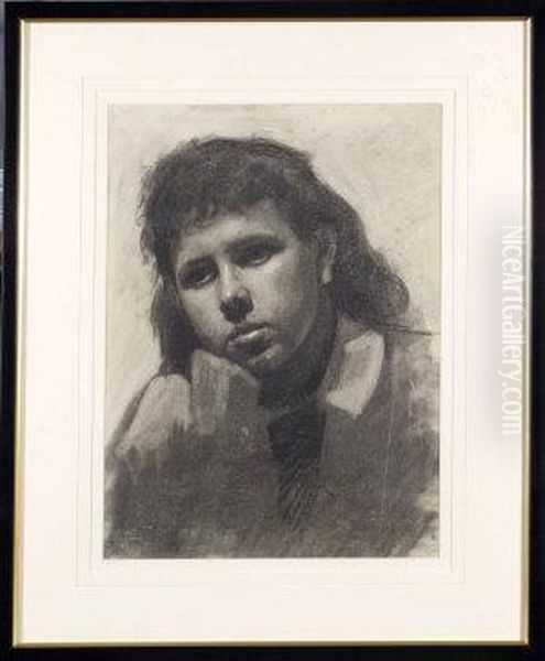 A Bust Portrait Of A Young Woman Resting Her Chin On Her Hand - In Black Chalk by Charles Gregory