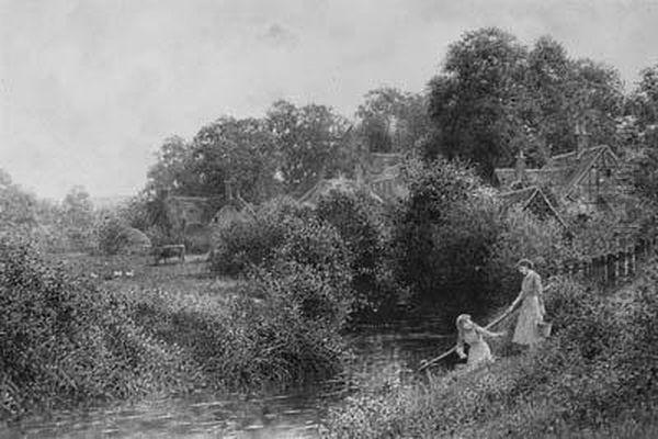 Young Girls Collecting Water From A Stream, Near Haslemere,surrey Oil Painting by Charles Gregory