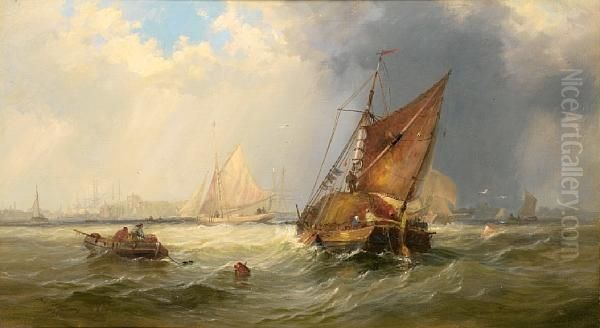 Hay Barges And Other Small Craft Caught In A Squall On The Medway Oil Painting by Charles Gregory