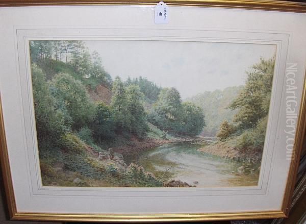 Fishermen In A Wooded River Gorge, Signed,watercolour Oil Painting by Charles Gregory