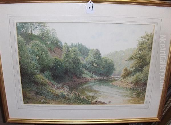 Fishermen In A Wooded River Gorge Oil Painting by Charles Gregory