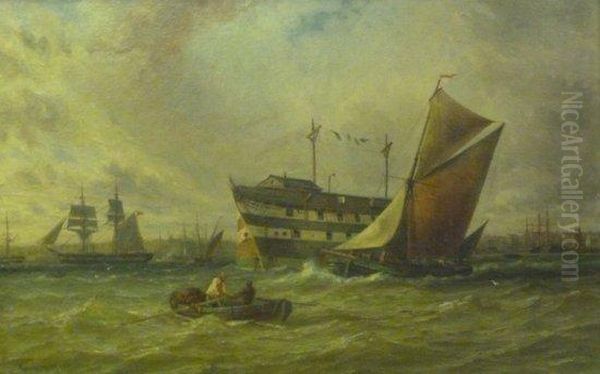 Hulk And Shipping In River Estuary Oil Painting by George Gregory