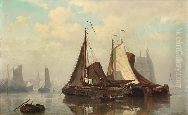 An Estuary Scene With Barges At Anchor Oil Painting by Johan Conrad Greive