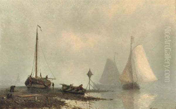 Vessels On A Calm River Oil Painting by Johan Conrad Greive