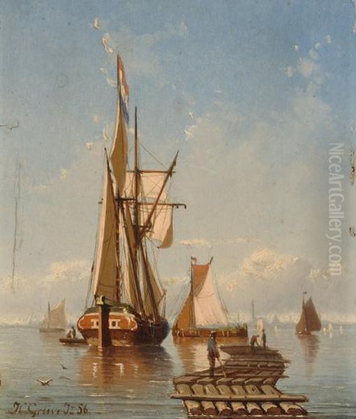 Ships On The Water Oil Painting by Johan Conrad Greive