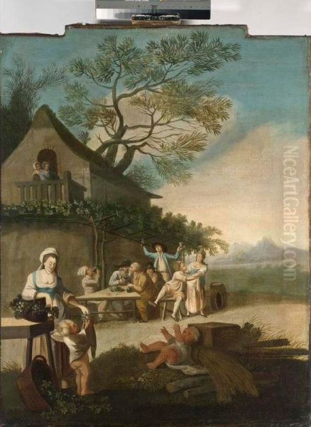 A Merry Company Drinking Outside An Inn, A Woman Feeding Grapes To Children In The Foreground Oil Painting by Andreas Grendel