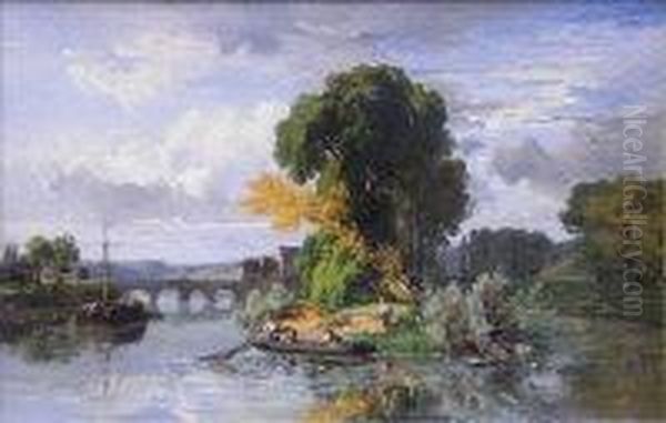 Fishing On The River L'yonne Oil Painting by Dominique Adolphe Grenet De Joigny