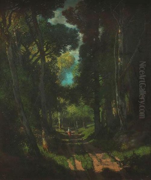 Woman On A Path In A Landscape Oil Painting by Dominique Adolphe Grenet De Joigny