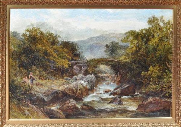 Two Young Woman Gathering Kindling Along A Riverbank Oil Painting by James Stephen Gresley