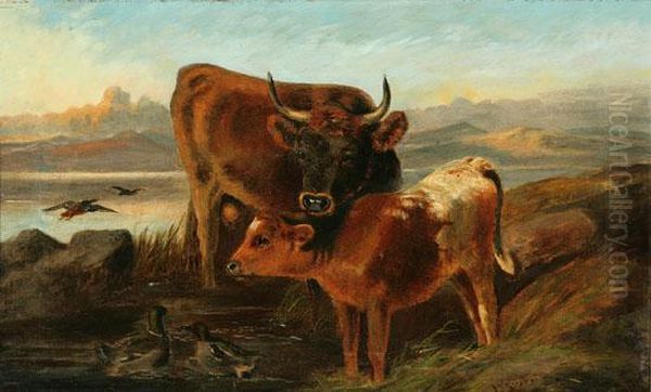 Cow And Calf In A Highland Landscape Oil Painting by James Stephen Gresley