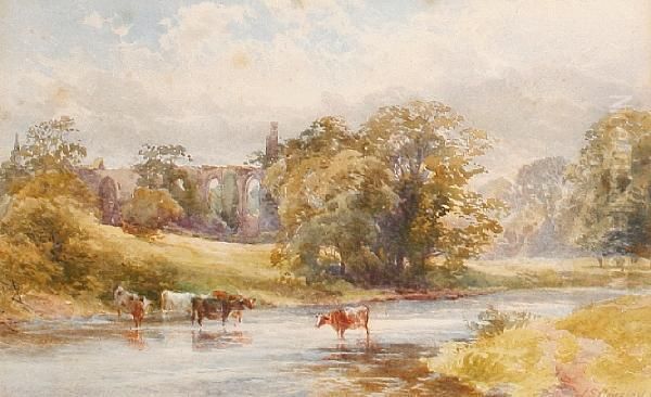 Cattle Watering Before Abbey Ruins Oil Painting by James Stephen Gresley