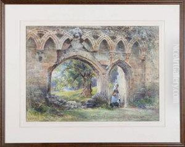 A Girl And Her Dog Walking In The Ruins Of An Abbey Oil Painting by James Stephen Gresley