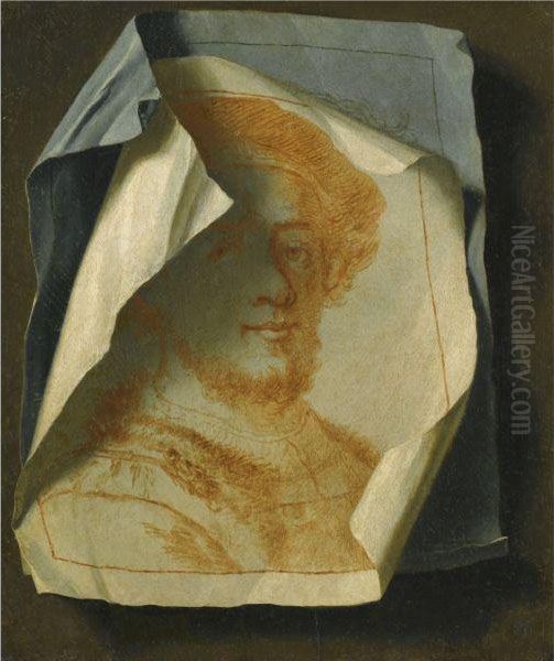 Trompe L'oeil With A Portrait Of Rembrandt, In Red Chalk Withanother Drawing Pinned To The Wall Oil Painting by Gabriel Gresly