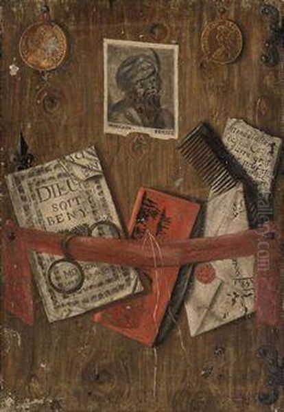 A Trompe L'oeil Of Two Coins, Letters, A Needle And Thread, A Comb,a Pair Of Glasses And Two Flies Oil Painting by Gabriel Gresly