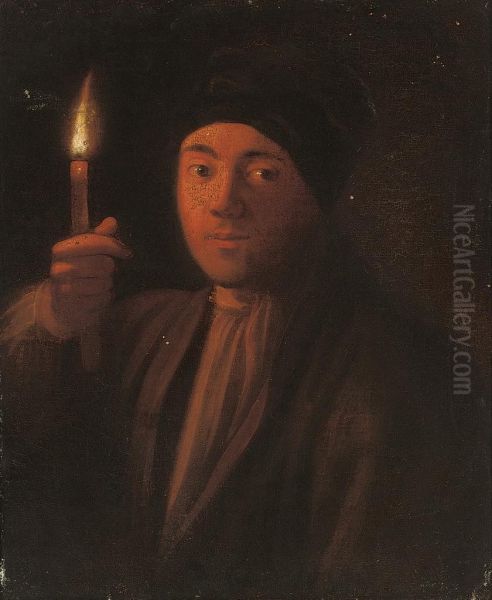 A Man Raising A Lit Candle Oil Painting by Gabriel Gresly