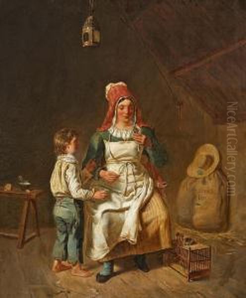 Mutter Und Sohn, Ein Vogelkuken Futternd Oil Painting by Anne Genevieve Greuze