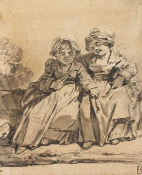 Deux Fillettes Assises Oil Painting by Jean Baptiste Greuze