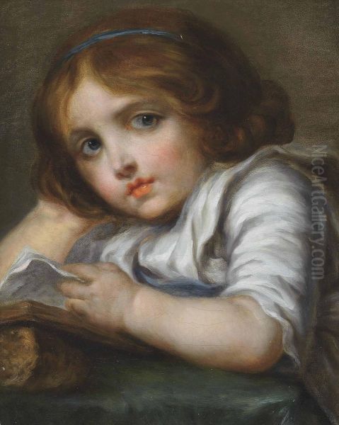 A Young Girl Reading At A Table Oil Painting by Jean Baptiste Greuze