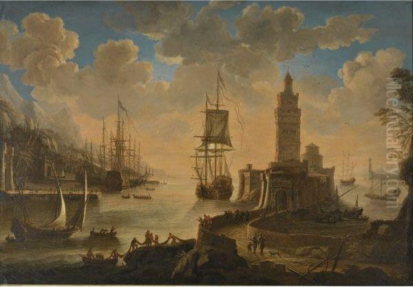 A Capriccio Of Shipping In A Mediterranean Harbour, Withfishermen Unloading Their Boat In The Foreground Oil Painting by Alessandro Grevenbroeck