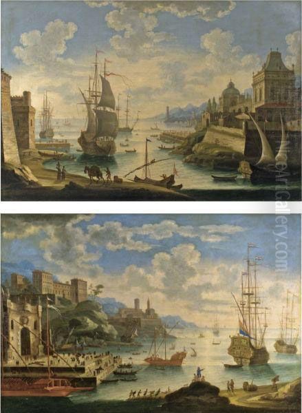 A Mediterranean Coastal Capriccio Landscape With A Large Palaceoverlooking A Harbour Oil Painting by Alessandro Grevenbroeck