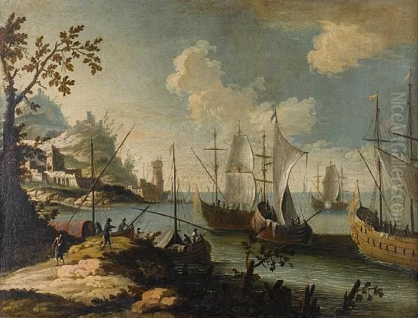 A Mediterranean Coastline With Shipping Atanchor Oil Painting by Alessandro Grevenbroeck