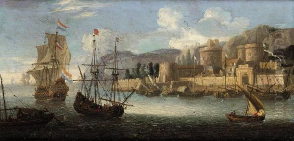 A Mediterranean Harbour Scene Oil Painting by Alessandro Grevenbroeck