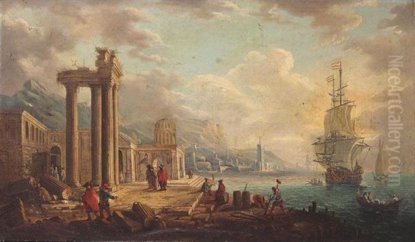 Harbour Scene With Figures Among Ancient Ruins Oil Painting by Alessandro Grevenbroeck