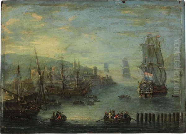 A Port With Moored Ships Oil Painting by Charles Leopold Grevenbroeck