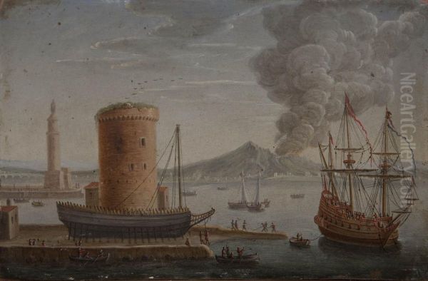 Scorcio Del Porto Di Napoli Con Veliero, Lanterna Del Moro E Vesuvio In Eruzione Oil Painting by Charles Leopold Grevenbroeck