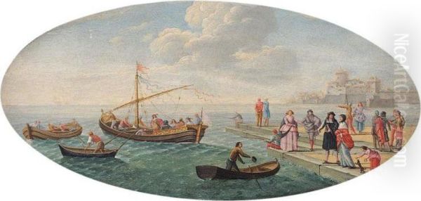 A Coastal Scene With Figures On A Quay And Small Vessels Oil Painting by Charles Leopold Grevenbroeck