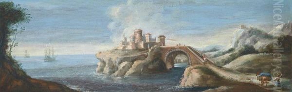 A Mediterranean Coastal Landscape With A Fortified Town Oil Painting by Orazio Grevenbroeck