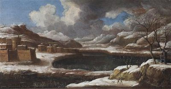 A Winter Landscape Oil Painting by Orazio Grevenbroeck