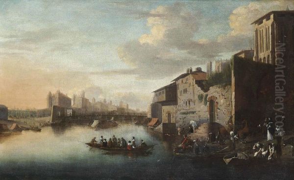 A River Townscape With A Ferry Crossing, Washerwomen And Other Bathers Oil Painting by Orazio Grevenbroeck