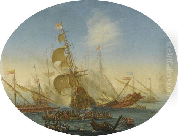 A Naval Battle Between Turks And Christians Oil Painting by Orazio Grevenbroeck