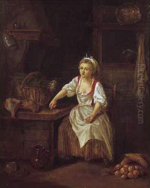 Jeune Cuisiniere Achetant Des Volailles. Oil Painting by Charles Francis Greville