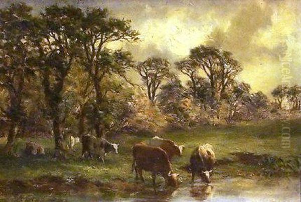 Cattle Watering Oil Painting by Alfred Grey