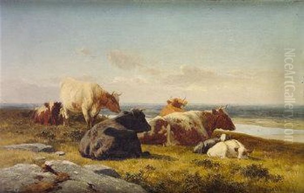 Cattle At Rest By Estuary Oil Painting by Alfred Grey