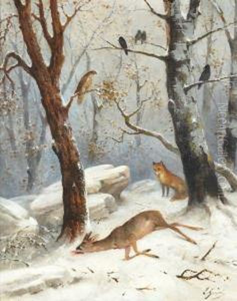 Un Renard Approchant Un Chevreuil Mort Oil Painting by Emile Gridel