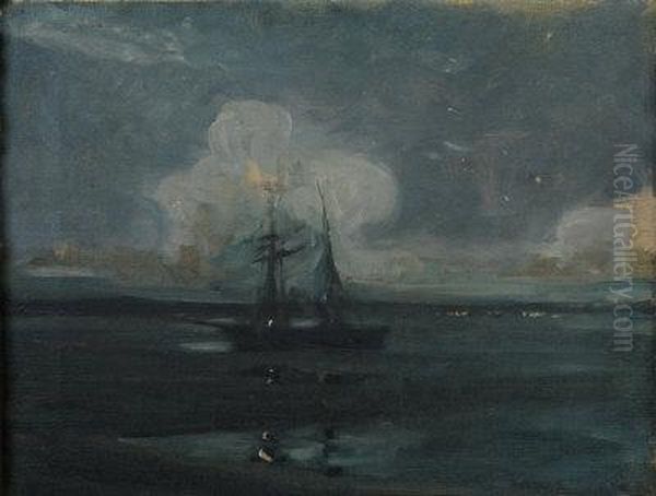 St. Ives Bay In Moonlight, A Boat Aground. Oil Painting by Louis Monro Grier