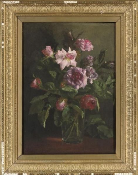 Pink Roses In A Glass Vase, On A Table Oil Painting by Walter Graham Grieve