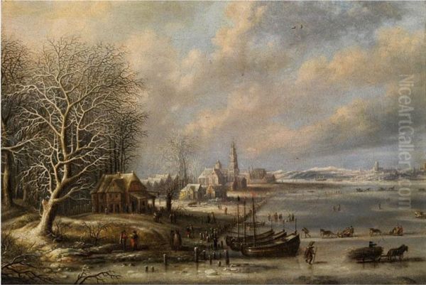 Hollandische Winterlandschaft Mit Kirchturm Zwischen Verschneiten Hausern Sowie Eisvergnugen Auf Gefrorenem See Oil Painting by Jan Griffier I