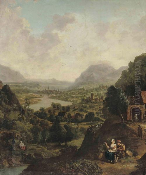 A Rhenish River Landscape With Figures Travelling And Conversing Beside A Track, A City Beyond Oil Painting by Jan Griffier I