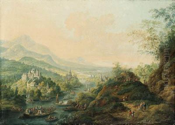 An Extensive Rhenish Landscape With Castles Along A River Andpeasants Boating Oil Painting by Jan Griffier