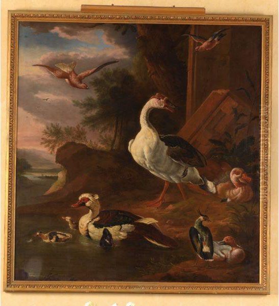 Oies, Canard De Barbarie, Vanneau Huppe Et Autres Oiseaux Dans Unpaysage De Riviere Oil Painting by Robert Griffier