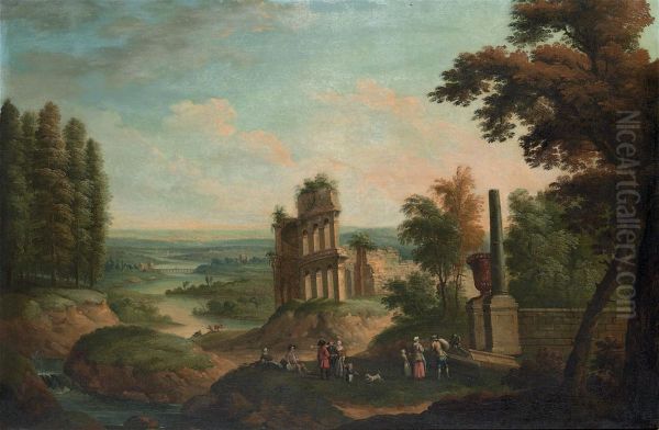 An Extensive River Landscape With Elegant Company By Classical Ruins Oil Painting by Robert Griffier