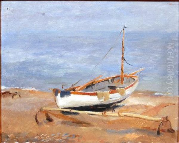 Fishing Boat On Dunwich Beach Oil Painting by Ella Frances Griffin