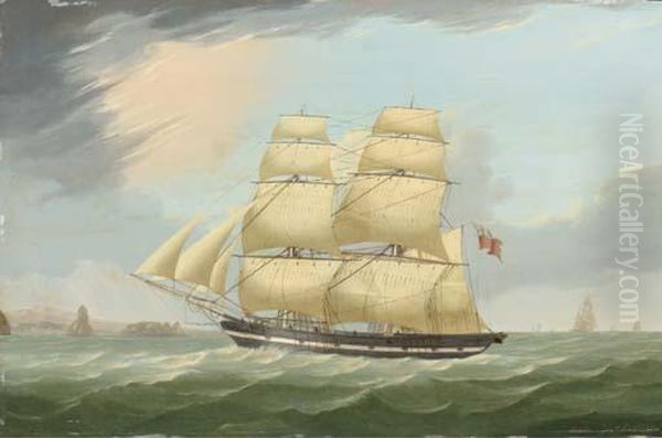 The Snow Mary Running Past An Offshore Island Under Full Sail Oil Painting by William Hull